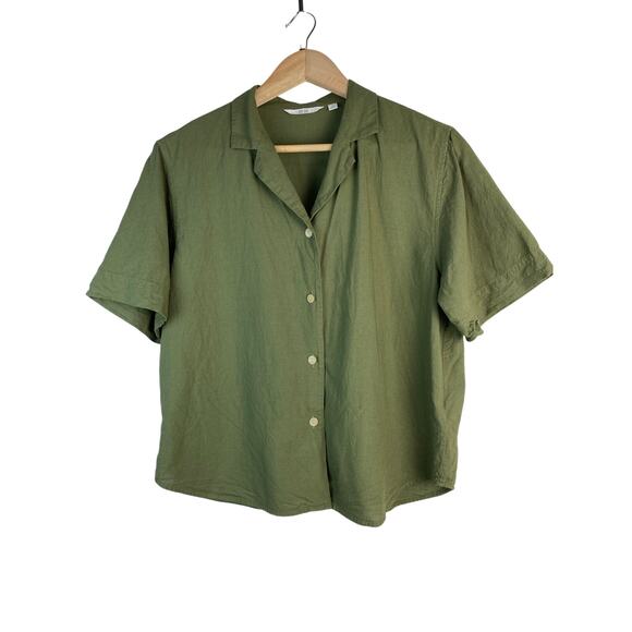 Uniqlo Women's M Olive Green Short Sleeve Boxy Button Up Shirt - Picture 1 of 5